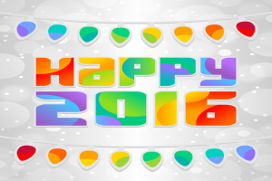 Eine Grußkarte mit dem Text "Frohes neues Jahr 2016" umgeben von bunten Lichtern auf einem weißen Hintergrund.
