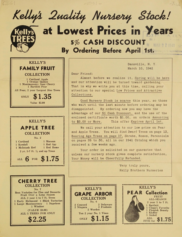 Anzeige für Kelly's Quality Nursery Stock mit Text und Bildern, die niedrigste Preise in Jahren hervorhebt.