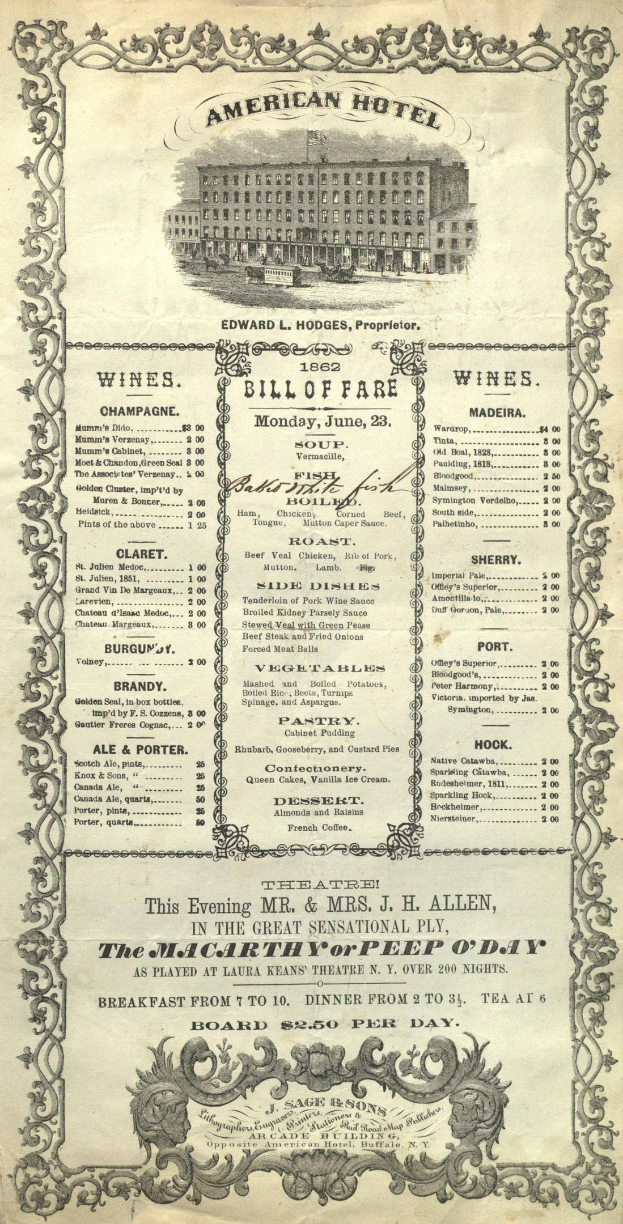 Altes Buch mit dem Titel "American Hotel Bill of Fare von 1862" mit einer Abbildung eines Gebäudes auf dem Cover, das detaillierte Texte zu Restaurantangeboten enthält.