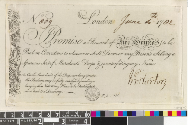 Altes Dokument mit schwarzer und weißer Handschrift, Text und einem Stempel, das Farbskalen und eine Belohnungsankündigung für die Entlarvung von Fälschern von Mardants Tropfen enthält.