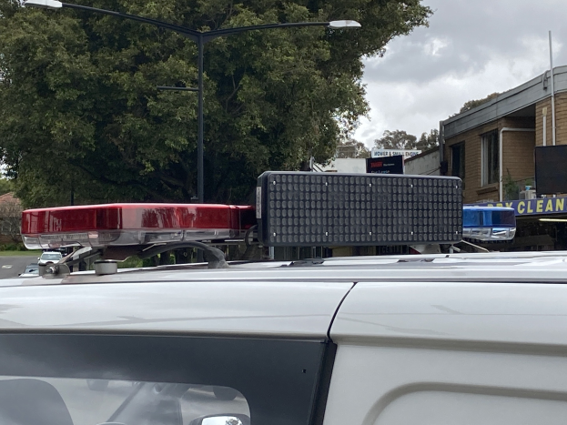 Polizeiauto mit eingeschaltetem Blaulicht auf einer Straße neben einer Schule geparkt, umgeben von Gebäuden, Bäumen und Schildern, unter einem bewölkten Himmel.