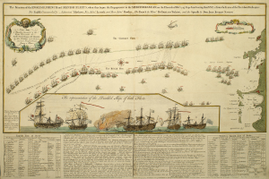 Ein Blatt, das eine Karte der britischen und spanischen Flotte im Mittelmeer zeigt, mit mehreren Schiffen im Hintergrund und begleitendem Text, der die Schiffe detailliert.