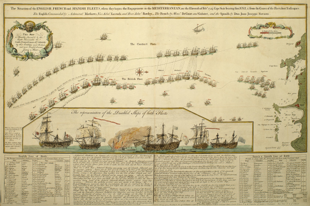 Ein Blatt, das eine Karte der britischen und spanischen Flotte im Mittelmeer zeigt, mit mehreren Schiffen im Hintergrund und begleitendem Text, der die Schiffe detailliert.