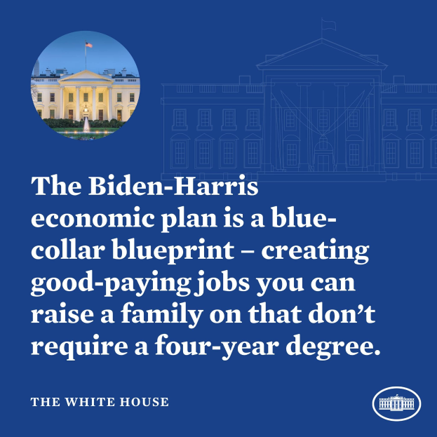 Plakat mit einem Bild des Weißen Hauses und Text, der den Biden-Harris-Wirtschaftsplan als blue-collar-Blueprint für die Schaffung von gut bezahlten Arbeitsplätzen präsentiert, die Familien unterstützen, ohne einen vierjährigen Abschluss zu erfordern.