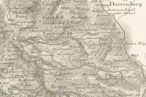 Ein detailliertes altes Stadtplan von Durrenberg, Deutschland, das Straßen, Gebäude und andere Merkmale mit Textbeschriftungen zeigt.