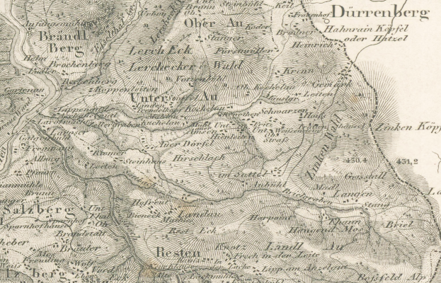 Ein detailliertes altes Stadtplan von Durrenberg, Deutschland, das Straßen, Gebäude und andere Merkmale mit Textbeschriftungen zeigt.