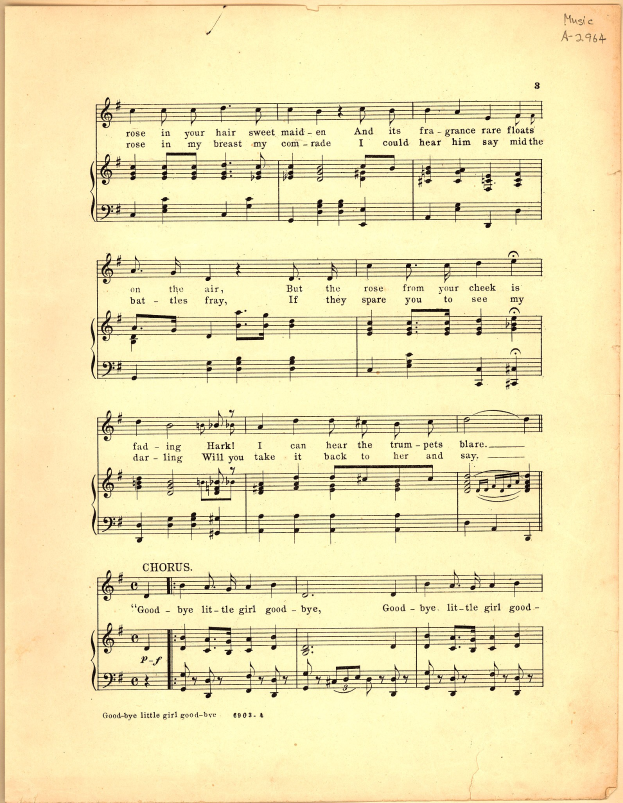 Altes Notenblatt mit dem Titel "Goodbye Little Girl" mit Violinschlüssel und Bassschlüssel-Notation, musikalischen Symbolen und Text auf hellcremefarbenem Papier.