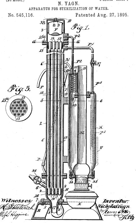 Schwarz-weißes Patentbild einer Vorrichtung zum Sterilisieren von Wasser, beschriftet mit "Vorrichtung zur Sterilisation von Wasser", mit detaillierten Diagrammen und Text auf einem weißen Hintergrund.