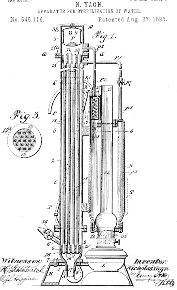 Schwarz-weißes Patentbild einer Vorrichtung zum Sterilisieren von Wasser, beschriftet mit "Vorrichtung zur Sterilisation von Wasser", mit detaillierten Diagrammen und Text auf einem weißen Hintergrund.