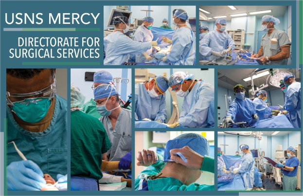Medizinisches Personal in Masken, Kappen und Handschuhen führt Operation in einem Operationssaal durch, in dem links der Text "USNS Mercy Directorate for Surgical Services" zu sehen ist.