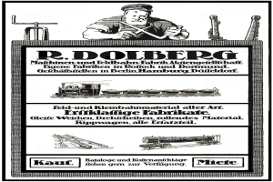 Werbeplakat für R.D. Dolbergs Fabrik in Hamburg, Deutschland, mit Text und Abbildungen einer Person, eines Zugs und weiterer Gegenstände.