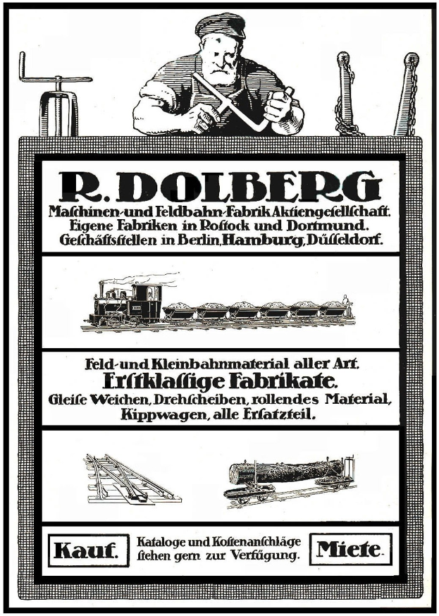 Werbeplakat für R.D. Dolbergs Fabrik in Hamburg, Deutschland, mit Text und Abbildungen einer Person, eines Zugs und weiterer Gegenstände.