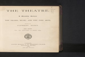 Offenes Buch mit dem Titel "The Theatre: A Monthly Review of the Drama, Music, and the Fine Arts" zeigt eine Seite mit Text und Logo.