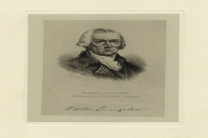 Ein Schwarz-Weiß-Porträt von Walter Livingston, ein ernst aussehender Mann in einem Anzug, mit Text am unteren Bildrand.