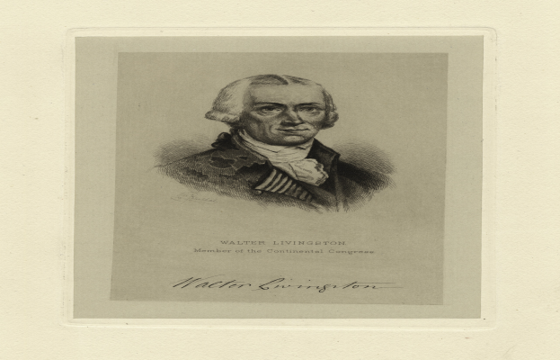 Ein Schwarz-Weiß-Porträt von Walter Livingston, ein ernst aussehender Mann in einem Anzug, mit Text am unteren Bildrand.