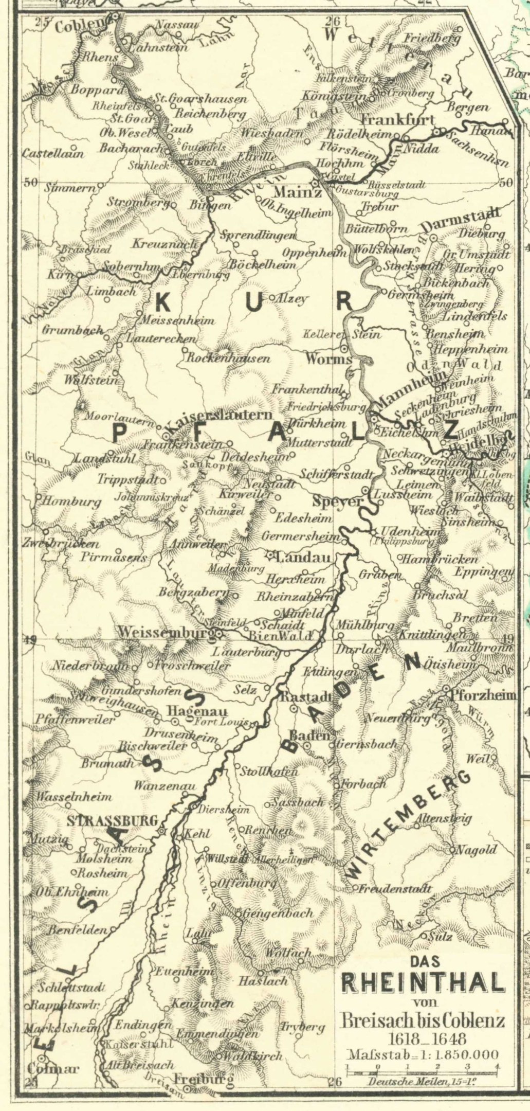 Ein detailliertes altes Kartenbild des Rheins in Deutschland, das Flüsse, Städte und geografische Merkmale mit Text oben und unten zeigt.