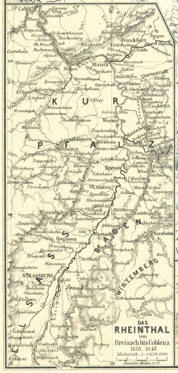 Ein detailliertes altes Kartenbild des Rheins in Deutschland, das Flüsse, Städte und geografische Merkmale mit Text oben und unten zeigt.