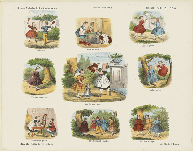 Ein Kinderbuch mit Bildern von Kindern, die in einem Park spielen, umgeben von Bäumen und Gegenständen, mit begleitendem Text.