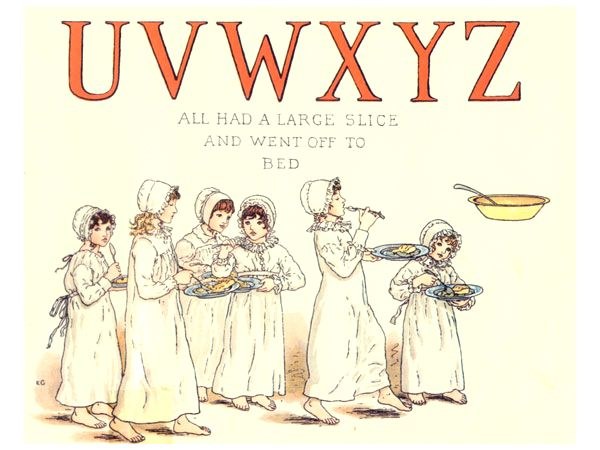 Eine Gruppe von Menschen mit Tellern mit Essen, einer Schüssel und einem Löffel, mit Text oben lesen "Uwxyz - Alle hatten einen großen Bissen und gingen ins Bett."
