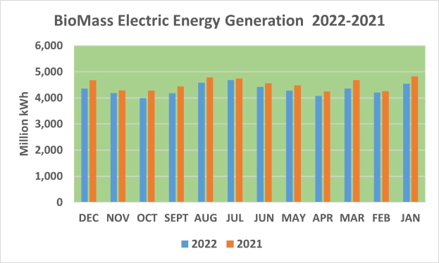 Liniengraph, der die Stromerzeugung aus Biomasse von 2021 bis 2022 zeigt, mit begleitendem erklärendem Text.