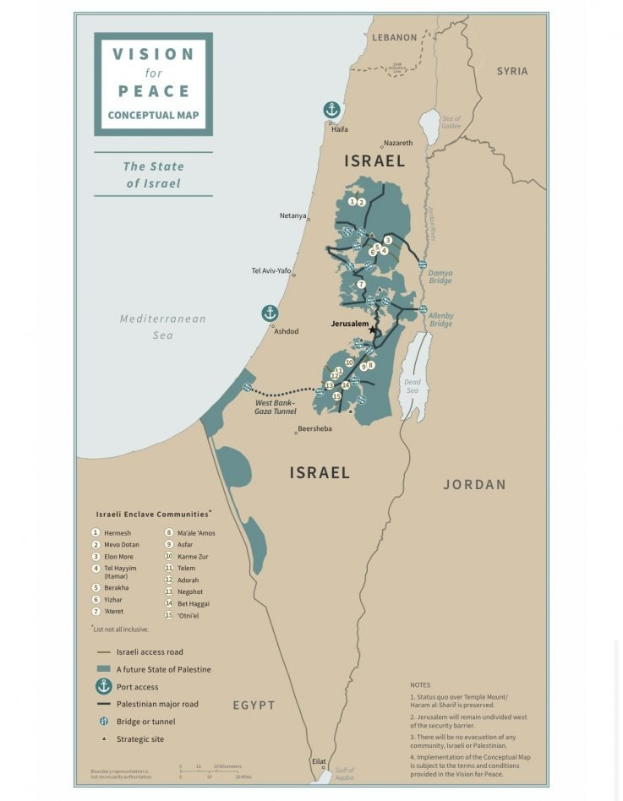 Plakat mit der Aufschrift "Vision für Friedenskonzept-Karte" mit einer farbcodierten Karte Israels in fetter schwarzer Schrift.