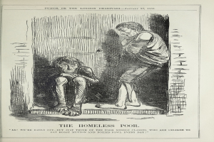 Eine Zeitung mit einer Zeichnung von zwei Personen, einer sitzend und einer stehend, mit der Aufschrift "Die Obdachlosen Armen"