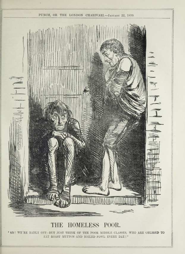 Eine Zeitung mit einer Zeichnung von zwei Personen, einer sitzend und einer stehend, mit der Aufschrift "Die Obdachlosen Armen"