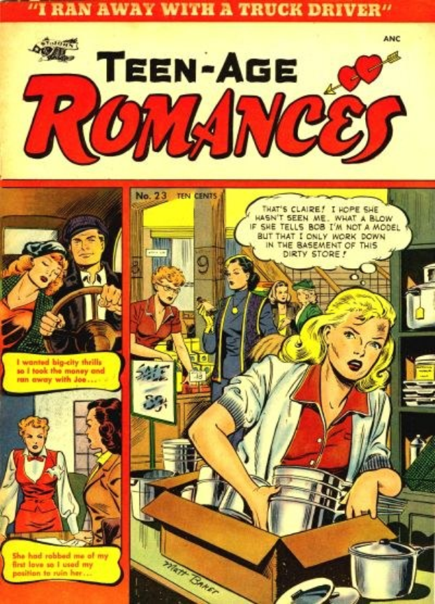 Ein leuchtendes Comicbuchplakat namens "Teen-Age Romances 23-A von DC", das eine Gruppe von Menschen zeigt, die sich umarmen und lächeln, und Freude und Zufriedenheit vermittelt.