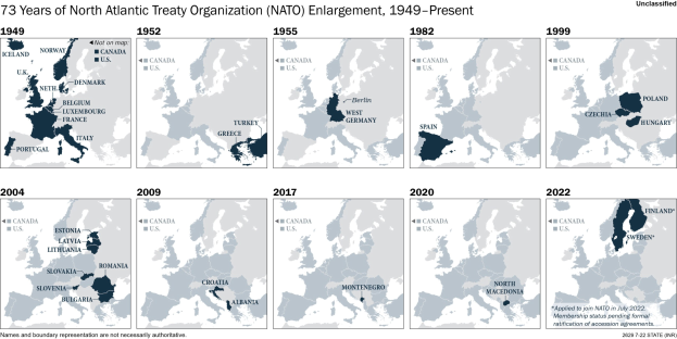Karte, die die ├ťbernahme von NATO von 1949 bis heute zeigt, farblich nach Jahren unterteilt.