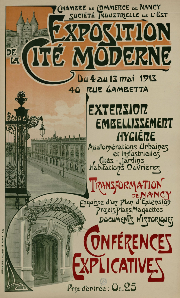 Plakat für eine Ausstellung in Cite Moderne mit einem Bild eines Gebäudes, eines Tors und eines bewölkten Himmels mit Ausstellungdetails