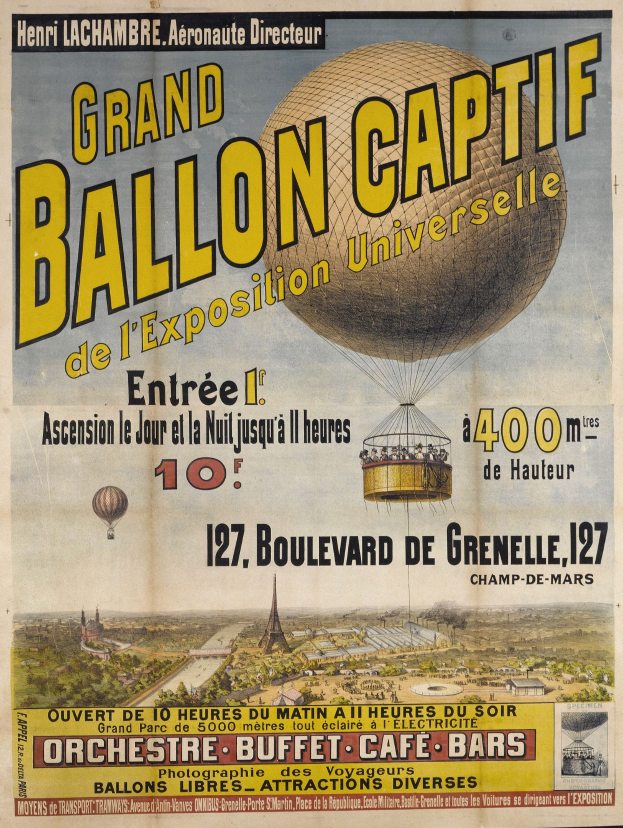 Plakat, das ein großes Heißluftballon-Event auf der Exposition Universelle 1900 ankündigt, mit Illustrationen von Ballons, Gebäuden, Bäumen und Himmel mit Text.