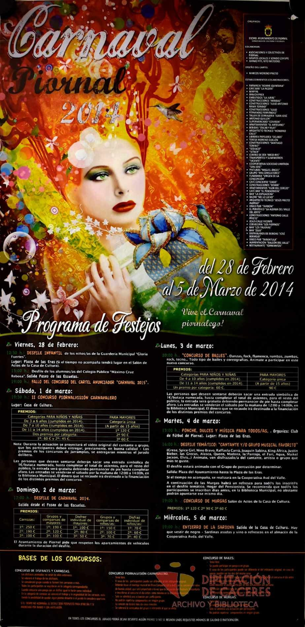 Plakat für das Karnevalsfest 2014 mit einer lachenden Frau in einem bunten Kleid auf einem leuchtend gelben Hintergrund, umgeben von fetter schwarzer Schrift.