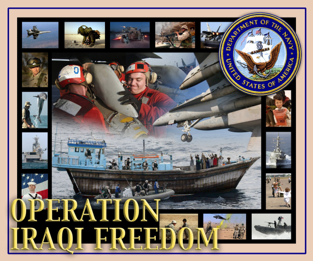 Plakat mit der Aufschrift "Operation Iraqi Freedom" mit Logo und Collage von Menschen, Flugzeugen, Schiffen und Booten auf dem Wasser.