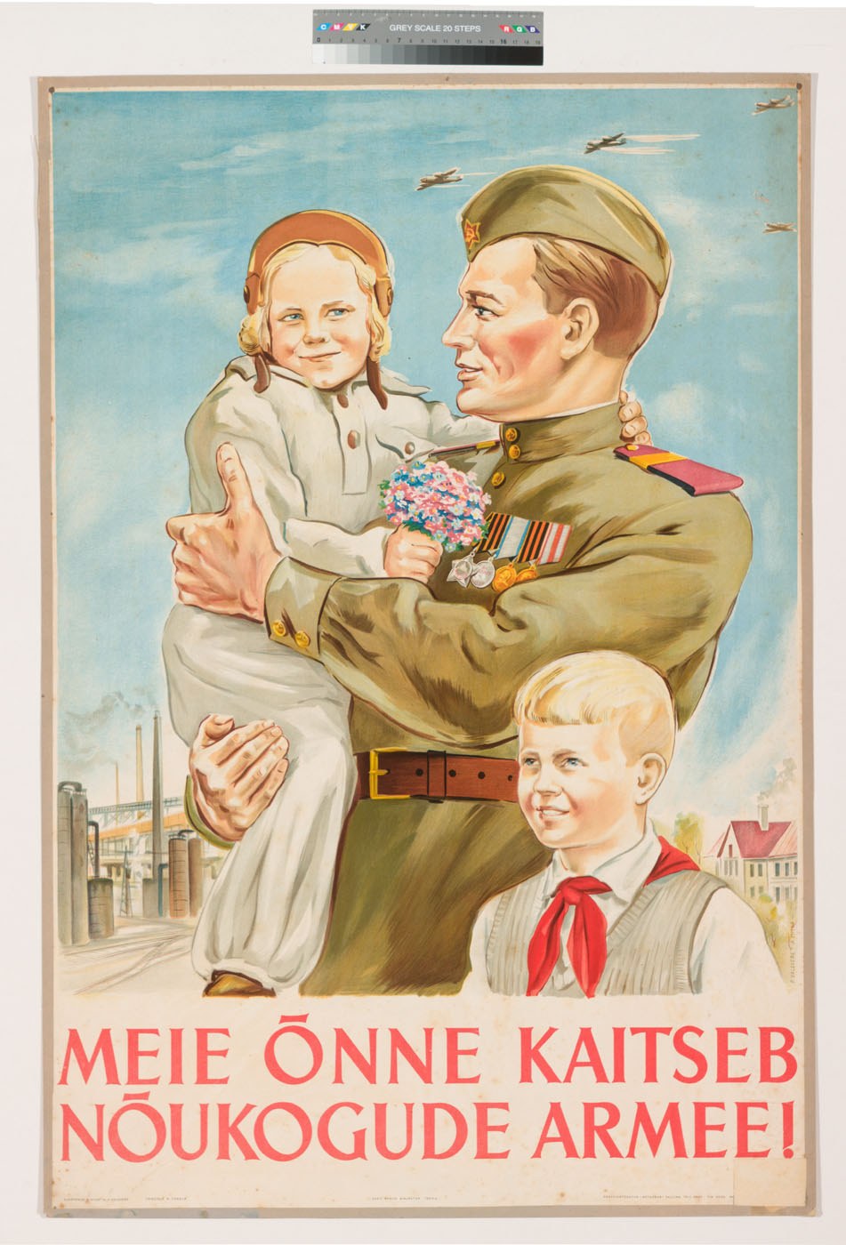 Ein polnisches Weltkriegs-Propagandaplakat, das einen Mann zeigt, der ein Kind hält, während zwei weitere Kinder vor ihm stehen, begleitet von Text.