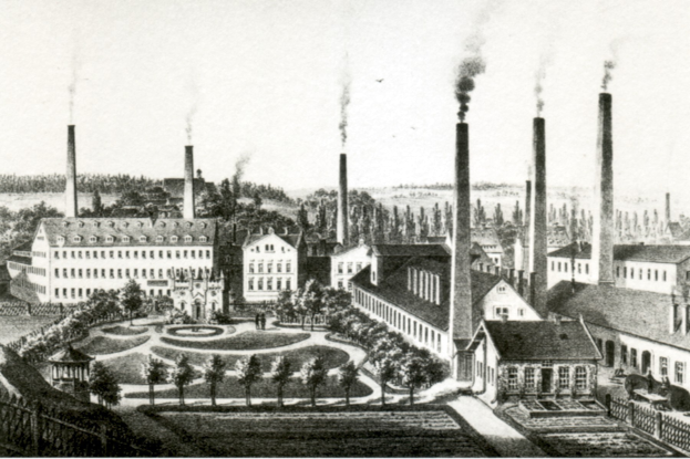 Schwarz-weiß-Zeichnung einer Fabrik mit Schornsteinen, umgeben von Gebäuden, Grünflächen und einem Zaun, beschriftet mit "New York State Penitentiary" unten.