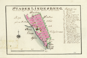 Eine detaillierte Karte von Staden Lindesberg, Deutschland, die Straßen, Gebäude und Sehenswürdigkeiten zeigt, mit handgeschriebener Schrift darauf.