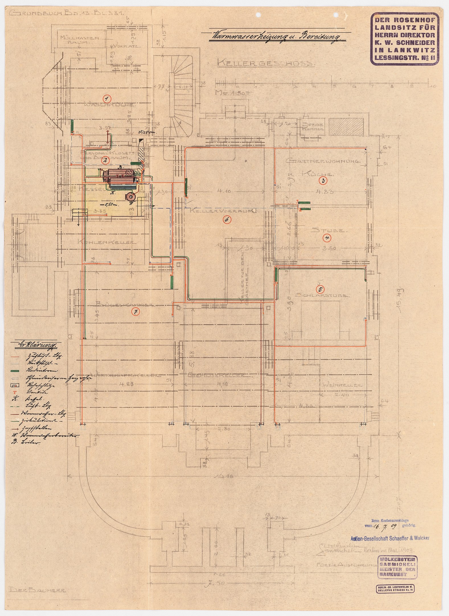 Schwarz-weißer Architekturplan des Rosenhof-Krankenhauses in Hamburg, Deutschland, der detaillierte Layout mit zahlreichen Drähten, Räumen, Fluren und Textanmerkungen auf altem Papier zeigt.