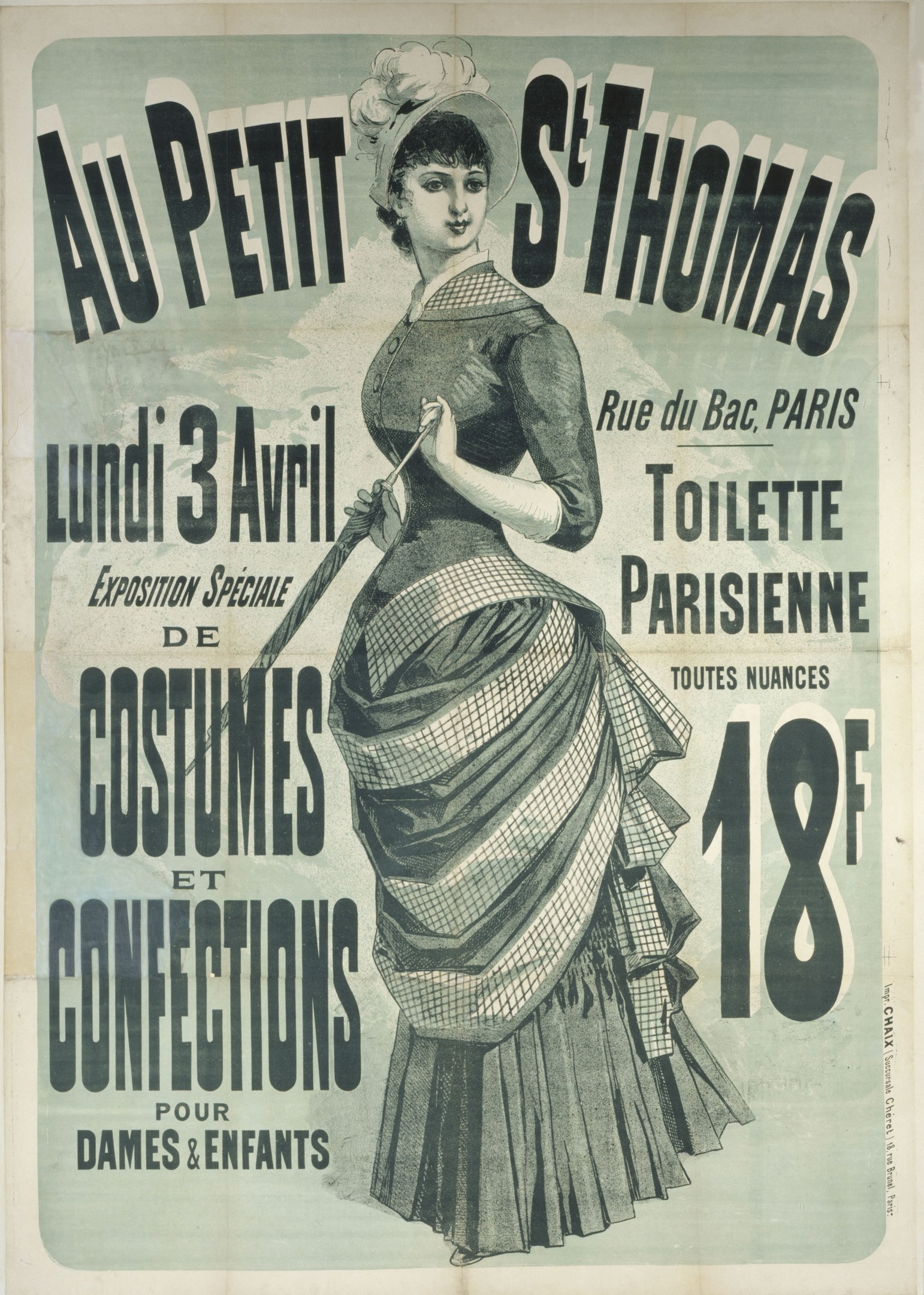 Ein Vintage-Plakat für eine Kostümvorstellung, das eine Frau in einem langen, hochgeschlossenen, langärmeligen Kleid mit einem Dutt zeigt, die anmutig mit verschränkten Händen posiert.