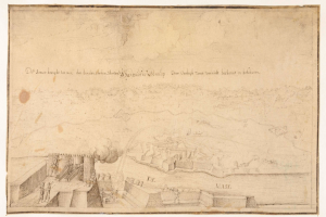 Eine Zeichnung einer Stadt mit einem Schloss im Hintergrund, die die Belagerung von Düsseldorf darstellt, auf einem Blatt Papier mit Text, der weitere Details zur Belagerung enthält.