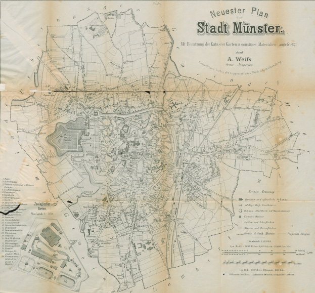 Detailierte alte Karte von Stadt Münster, Deutschland, zeigt Straßen, Gebäude und Sehenswürdigkeiten mit Textbeschriftungen.