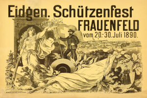 Plakat für das Eidgenössische Schützenfest in Frauenfeld, Deutschland, mit einem Mann im Anzug und einer Frau in einem Kleid, die nebeneinander stehen, sowie Veranstaltungseinzelheiten.