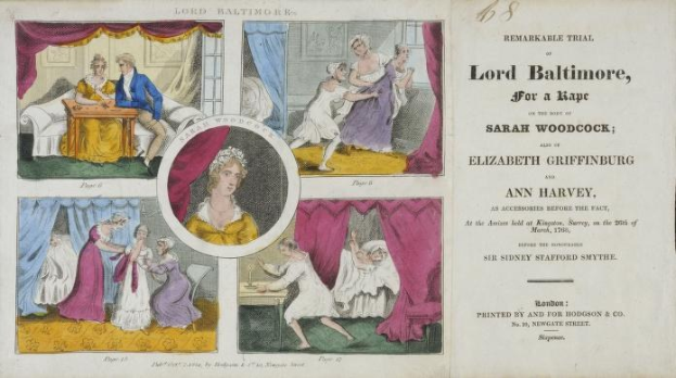 Eine historische Illustration eines Prozessdokuments, das ein Blatt Papier mit Porträts, Vorhängen und Text zeigt, der sich auf den Prozess von Lord Baltimore wegen angeblicher Vergewaltigung bezieht.