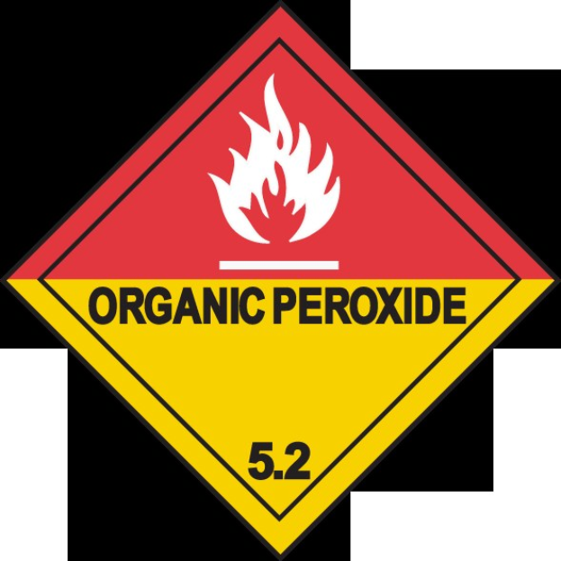 Gefahrgut-Schild mit der Aufschrift "Organisches Peroxid 5.2" in Rot und Gelb.