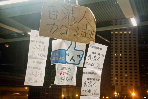 Eine Gruppe von Menschen steht vor einem nachtblau beleuchteten Gebäude, mit Protestschildern an seiner Decke.