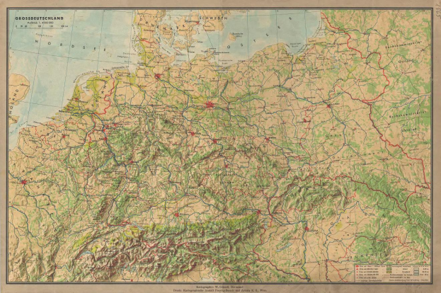 Eine alte Deutschlandkarte, die Straßen, Autobahnen und geografische Merkmale zeigt, mit Text oben und unten.