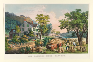 Ein Gemälde, das eine Farmszene mit einem Haus, Bäumen, Pflanzen, Gras, Tieren, einem Wagen, Menschen, einem Zaun, Wasser, Hügeln und einem bewölkten Himmel zeigt, mit der Aufschrift "Die Farmers Home Harvest" unten.