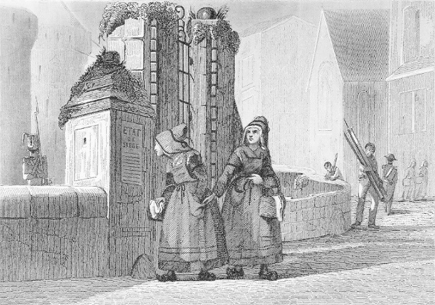Schwarz-Weiß-Gravur Von Zwei Frauen, Die Vor Einem Gebäude Stehen, Mit Einigen Anderen Leuten Im Hintergrund, Betitelt "Victorianische Frauen In Der Stadt London."