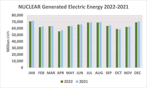 Liniengraph, der die nuclear-generierte elektrische Energie von 2021 bis 2022 zeigt, mit begleitendem erklärendem Text.