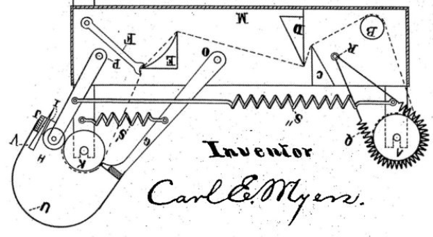 Schwarz-weißes technisches Zeichnung einer Windturbine mit einem Uhrwerk, zugeschrieben dem Erfinder Carl E. Meyer, begleitet von erklärendem Text.