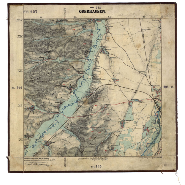 Alte topografische Karte von Oberhausen, Deutschland, zeigt geografische Merkmale wie Berge, Flüsse und St├Ądte auf einem wei├čen Hintergrund mit informativem Text.